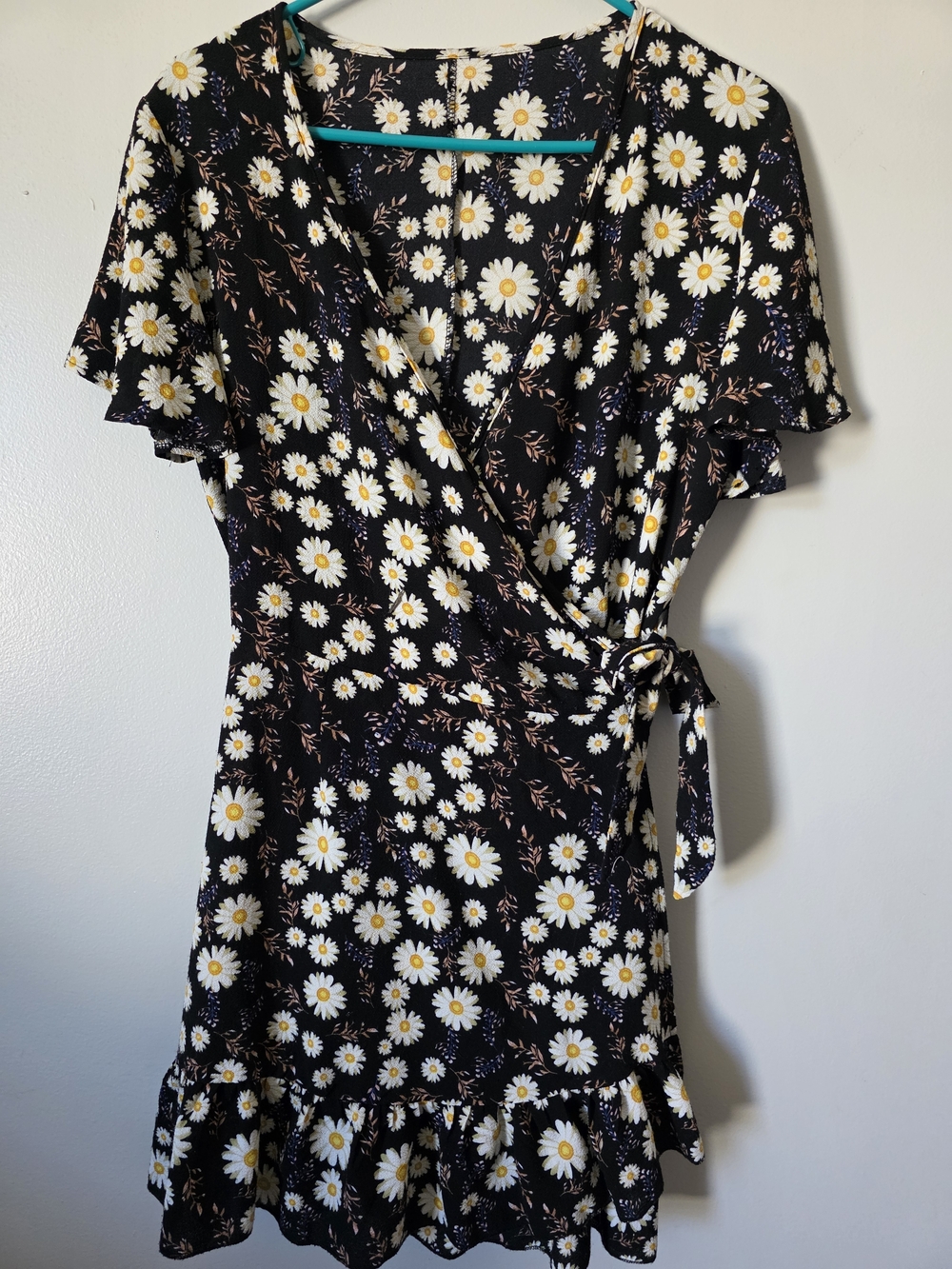 Black Daisy Wrap Dress with Yellow Centers